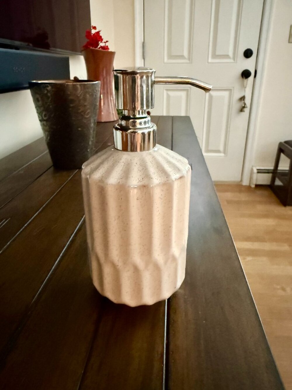 Beige Ceramic Soap Dispenser Farmhouse Lotion Bottle Bathroom & Kitchen Decor